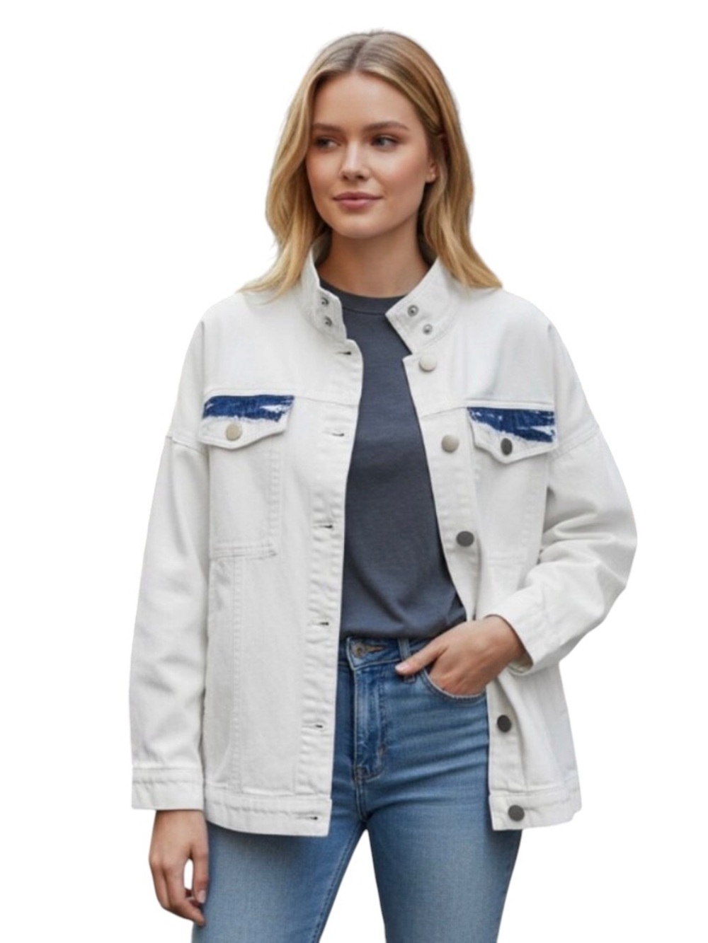NWot Cabi Drew White Denim Jacket Dark Indigo Pocket funnel collar medium